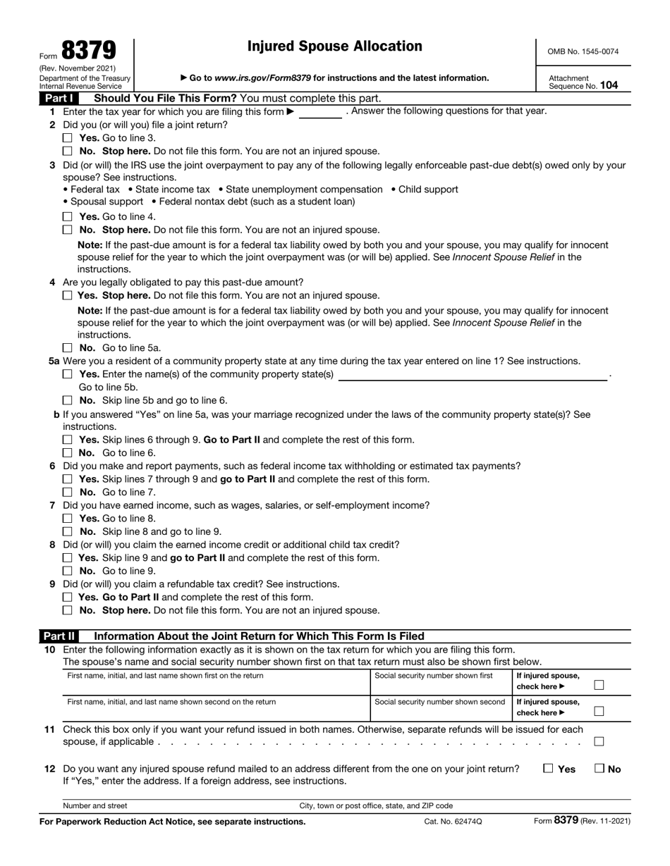 IRS Form 8379 Download Fillable PDF or Fill Online Injured Spouse ...