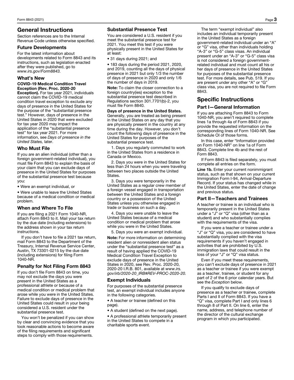 IRS Form 8843 Statement for Exempt Individuals and Individuals With a Medical Condition, Page 3
