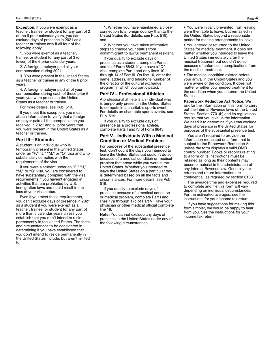 IRS Form 8843 Statement for Exempt Individuals and Individuals With a Medical Condition, Page 4
