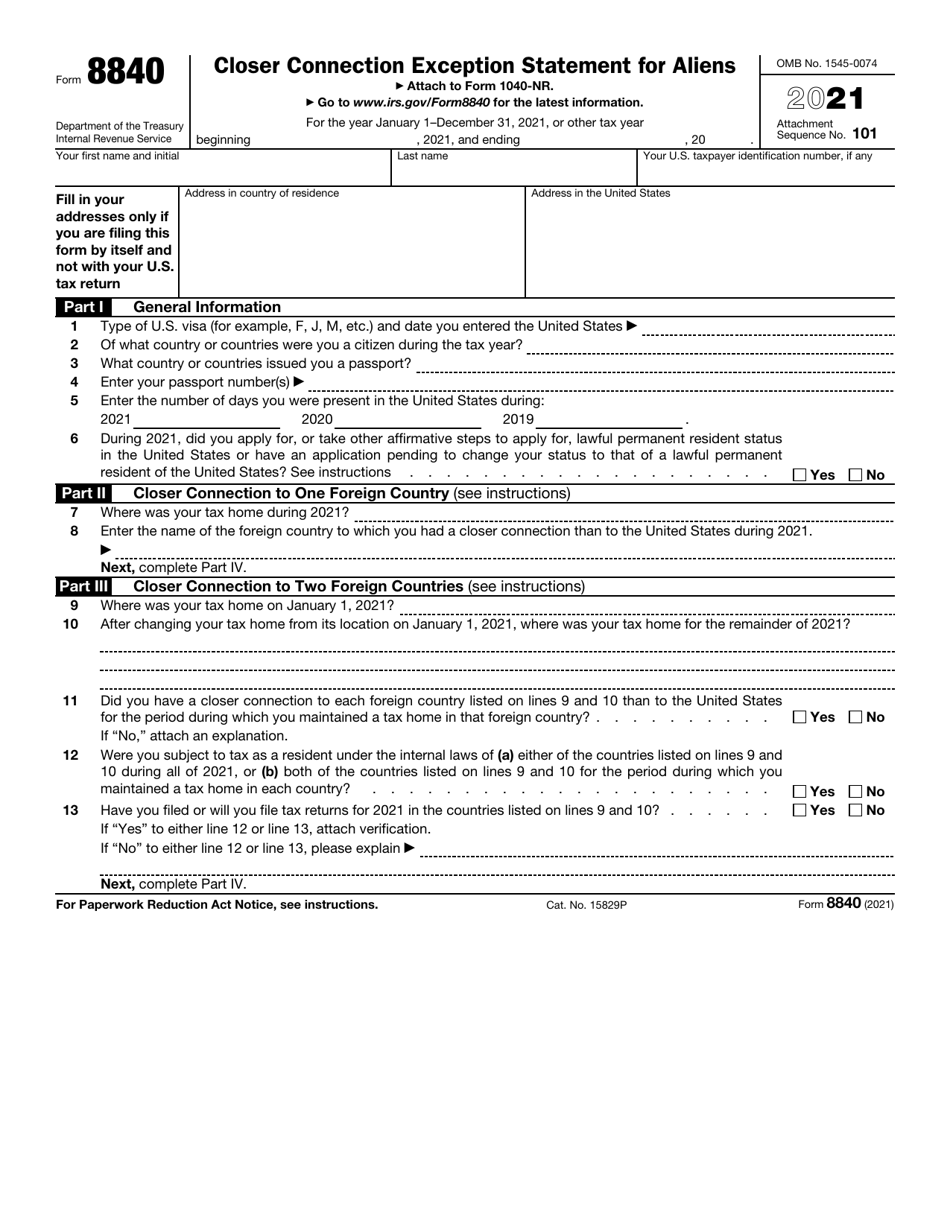 IRS Form 8840 Closer Connection Exception Statement for Aliens, Page 1