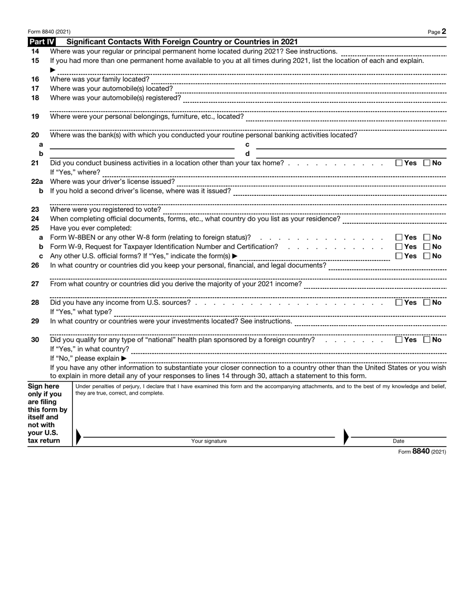 Form 8840 Fillable Printable Forms Free Online