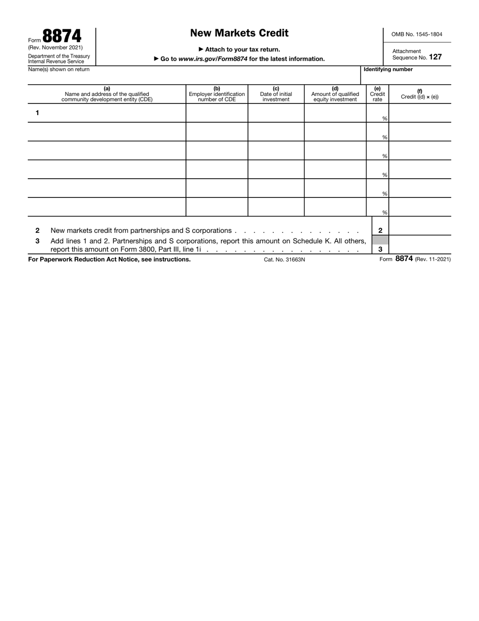 IRS Form 8874 Download Fillable PDF or Fill Online New Markets Credit ...