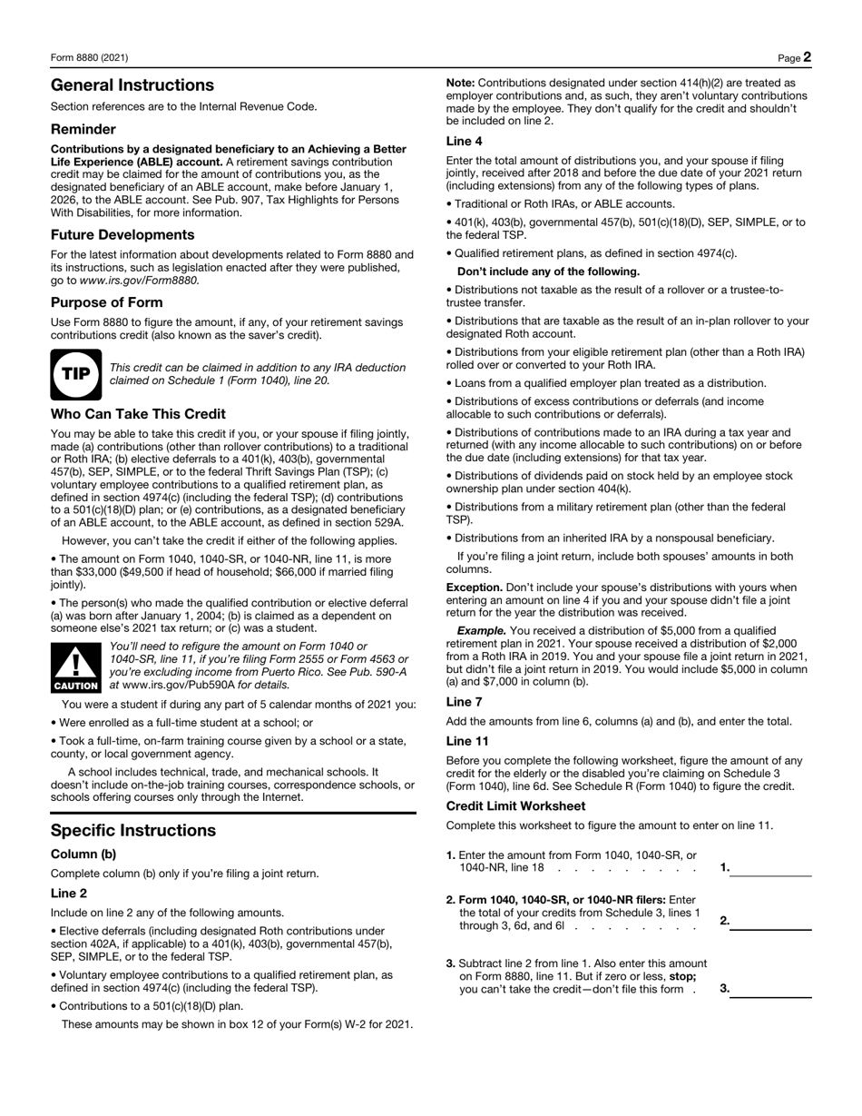 IRS Form 8880 Credit for Qualified Retirement Savings Contributions, Page 2