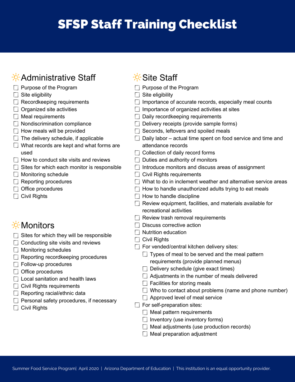 Sfsp Staff Training Checklist - Arizona, Page 1