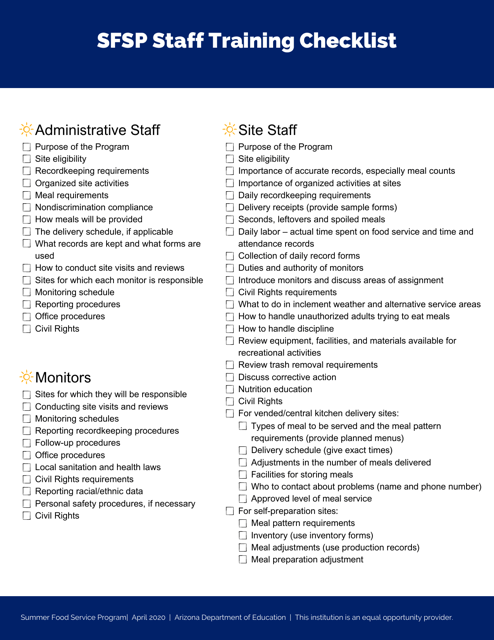 Sfsp Staff Training Checklist - Arizona