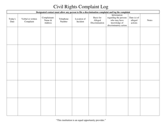 Document preview: Civil Rights Complaint Log - Arizona
