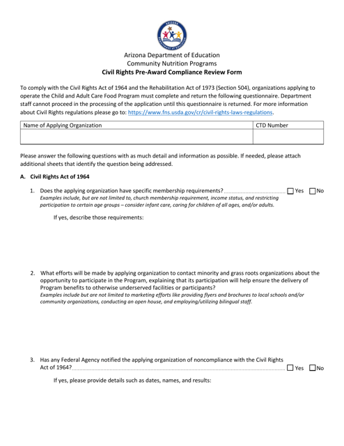 Civil Rights Pre-award Compliance Review Form - Arizona Download Pdf
