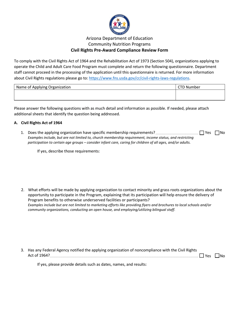 Arizona Civil Rights Pre-award Compliance Review Form - Fill Out, Sign ...