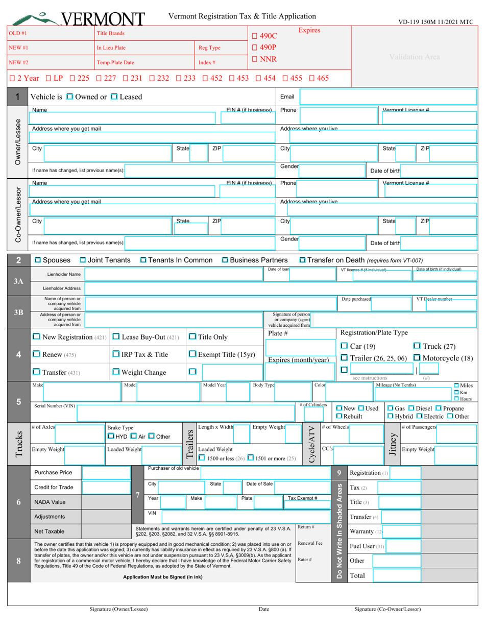 Form VD-119 Vermont Registration Tax  Title Application - Vermont, Page 3