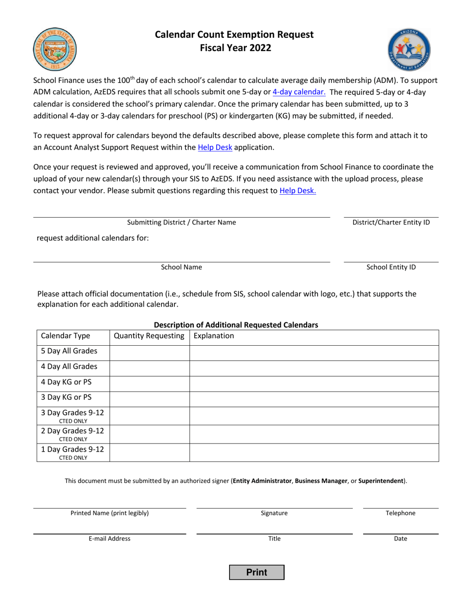 Calendar Count Exemption Request - Arizona, Page 1