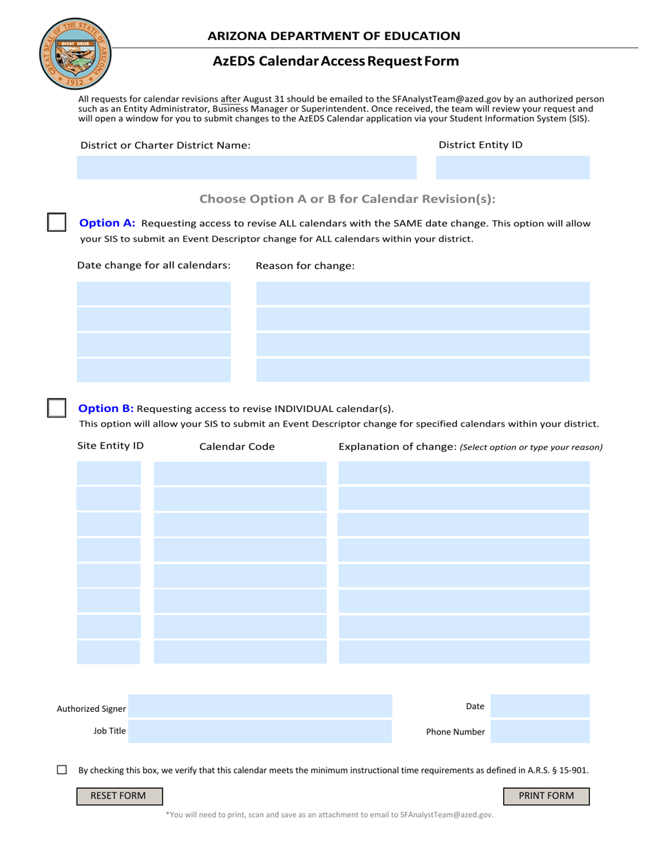 AzEDS Calendar Access Request Form - Arizona, Page 1