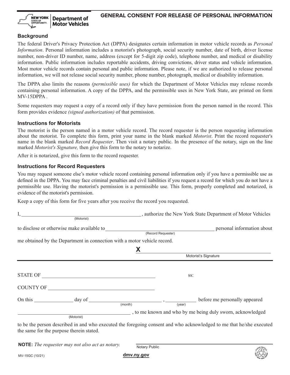 Form MV-15GC Download Fillable PDF or Fill Online General Consent for ...