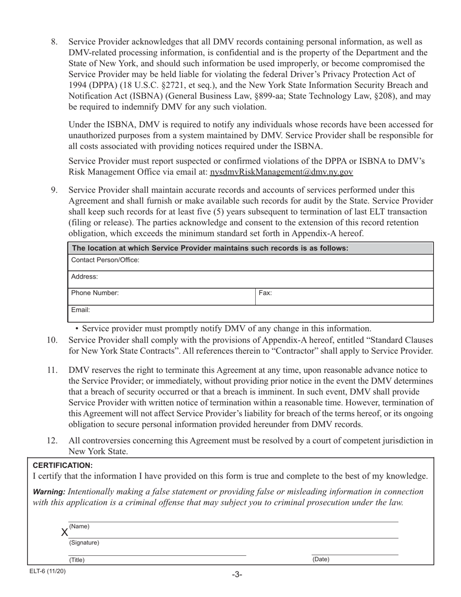 Form ELT-6 Service Provider Application for Participation in the Electronic Lien Transfer Program - New York, Page 3