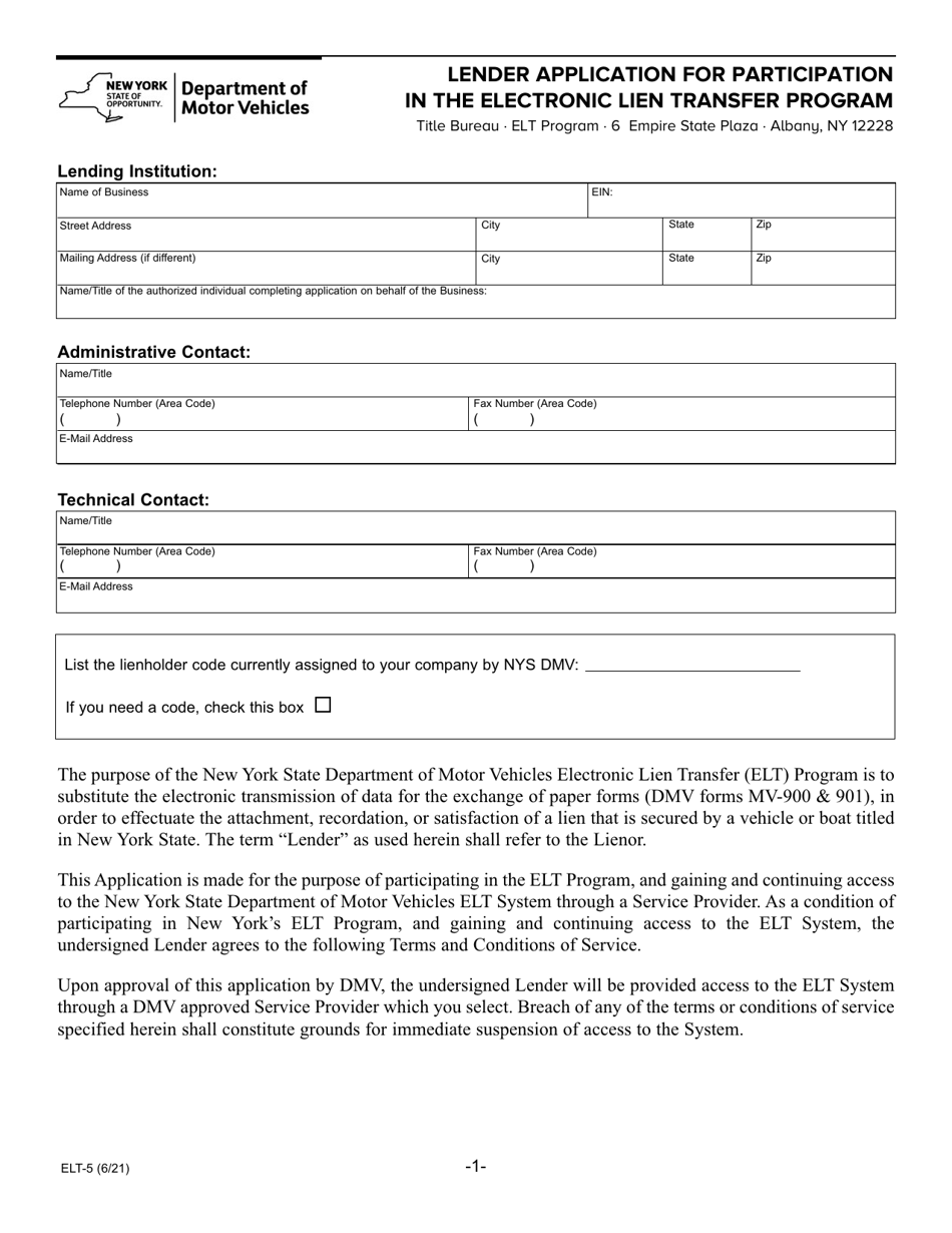 Form ELT-5 Lender Application for Participation in the Electronic Lien Transfer Program - New York, Page 1