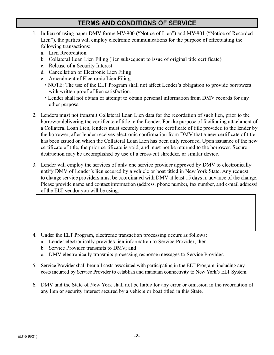 Form ELT-5 Lender Application for Participation in the Electronic Lien Transfer Program - New York, Page 2