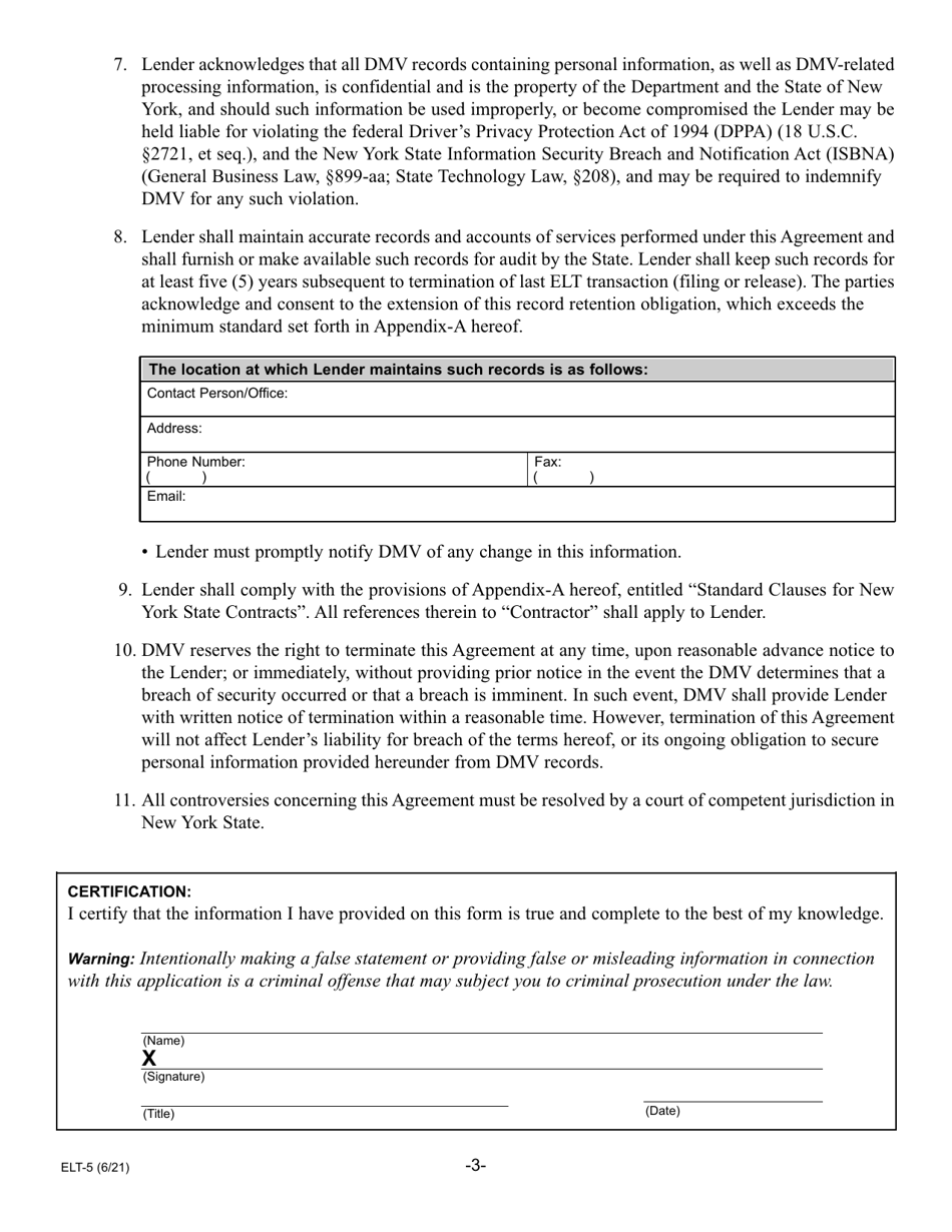 Form ELT-5 Lender Application for Participation in the Electronic Lien Transfer Program - New York, Page 3