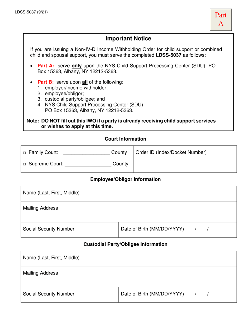 Form LDSS-5037 Iwo Child Support or Combined Child and Spousal Support - New York, Page 1