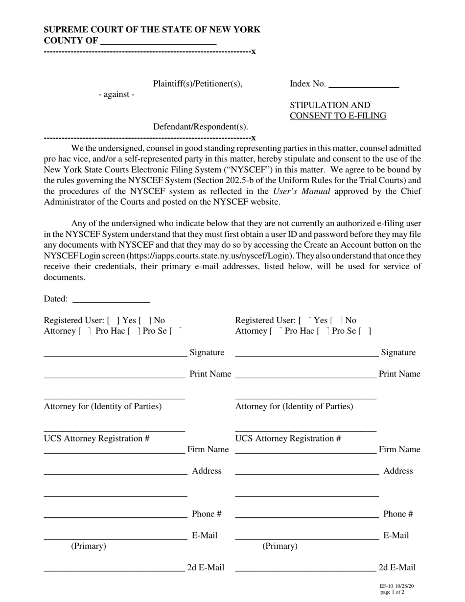 Form EF-10 Stipulation and Consent to E-Filing - New York, Page 1