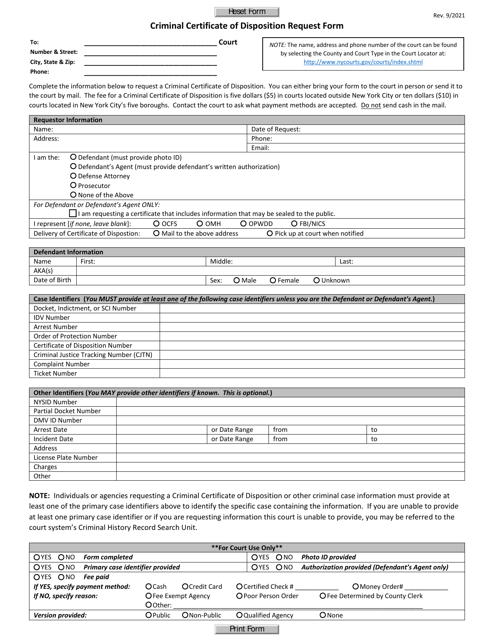 Criminal Certificate of Disposition Request Form - New York Download Pdf