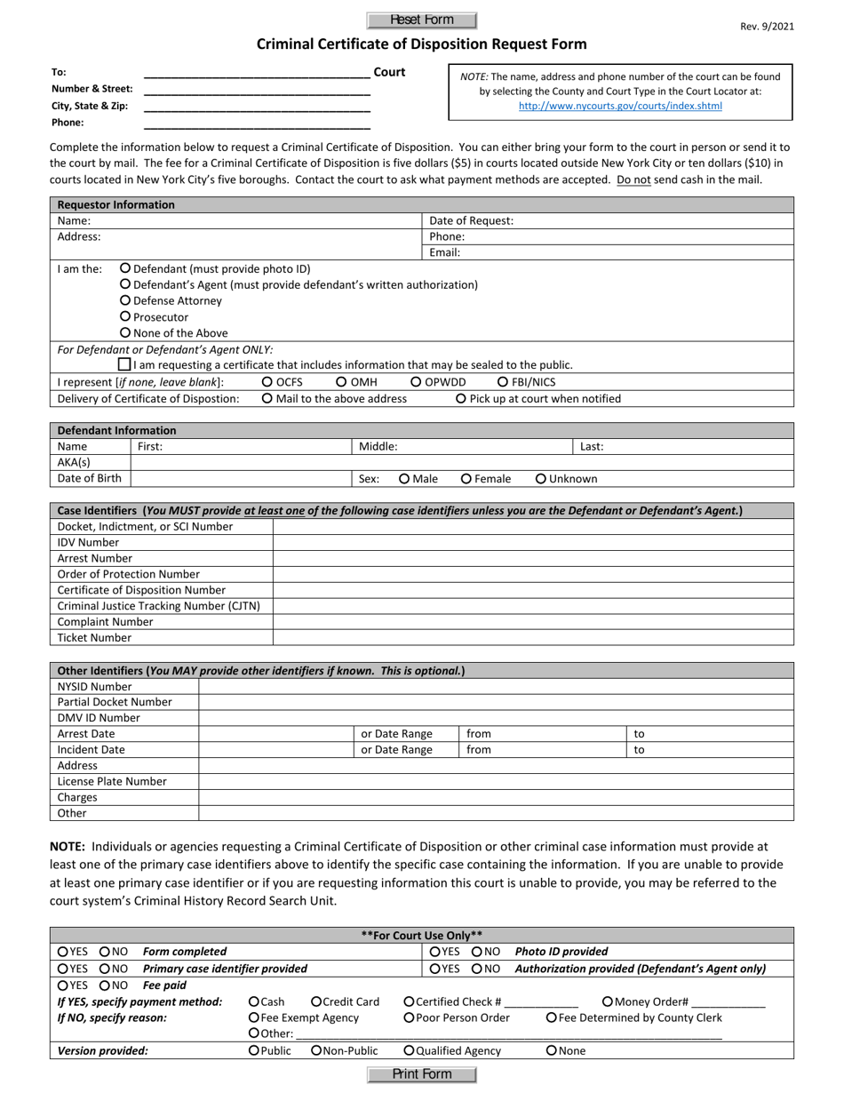 Criminal Certificate of Disposition Request Form - New York, Page 1