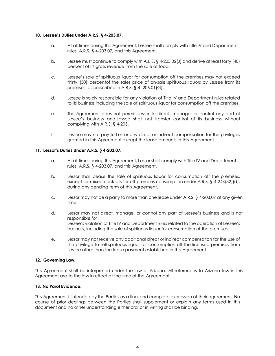 Restaurant Lease of Privilege of Selling Spirituous Liquor for off-Premises Consumption - Arizona, Page 4