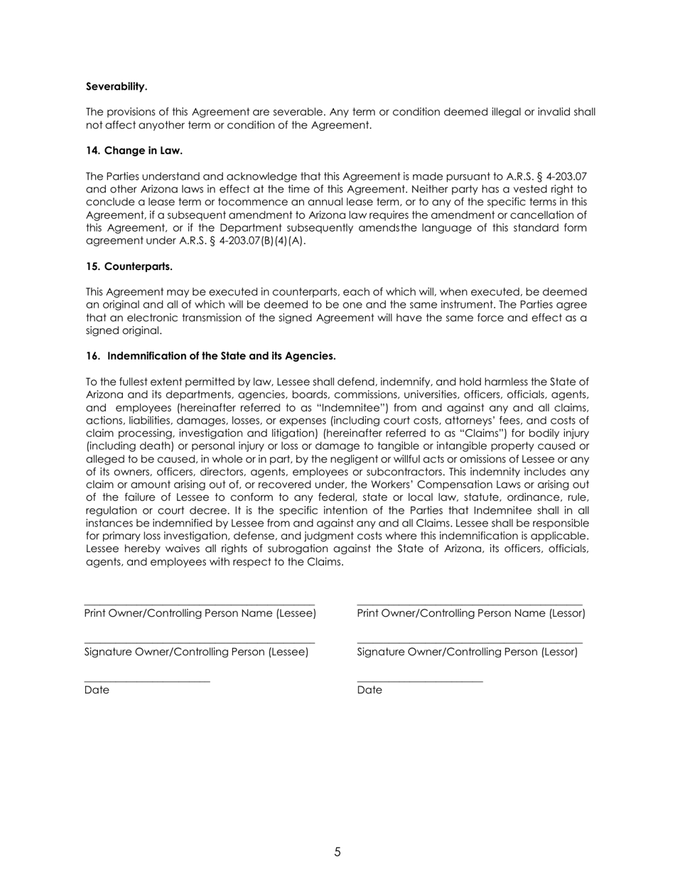 Restaurant Lease of Privilege of Selling Spirituous Liquor for off-Premises Consumption - Arizona, Page 5