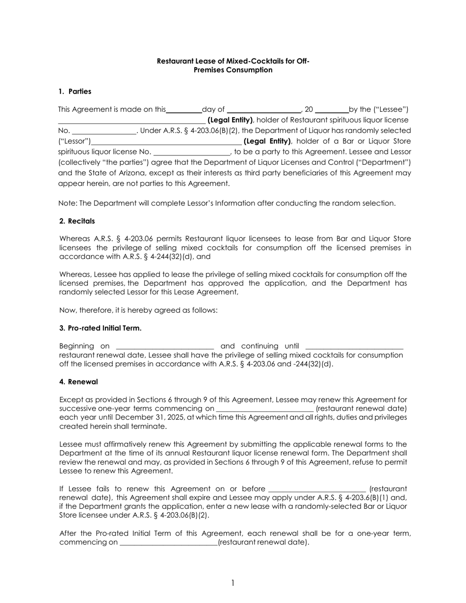 Restaurant Lease of Mixed-Cocktails for off-Premises Consumption - Arizona, Page 1