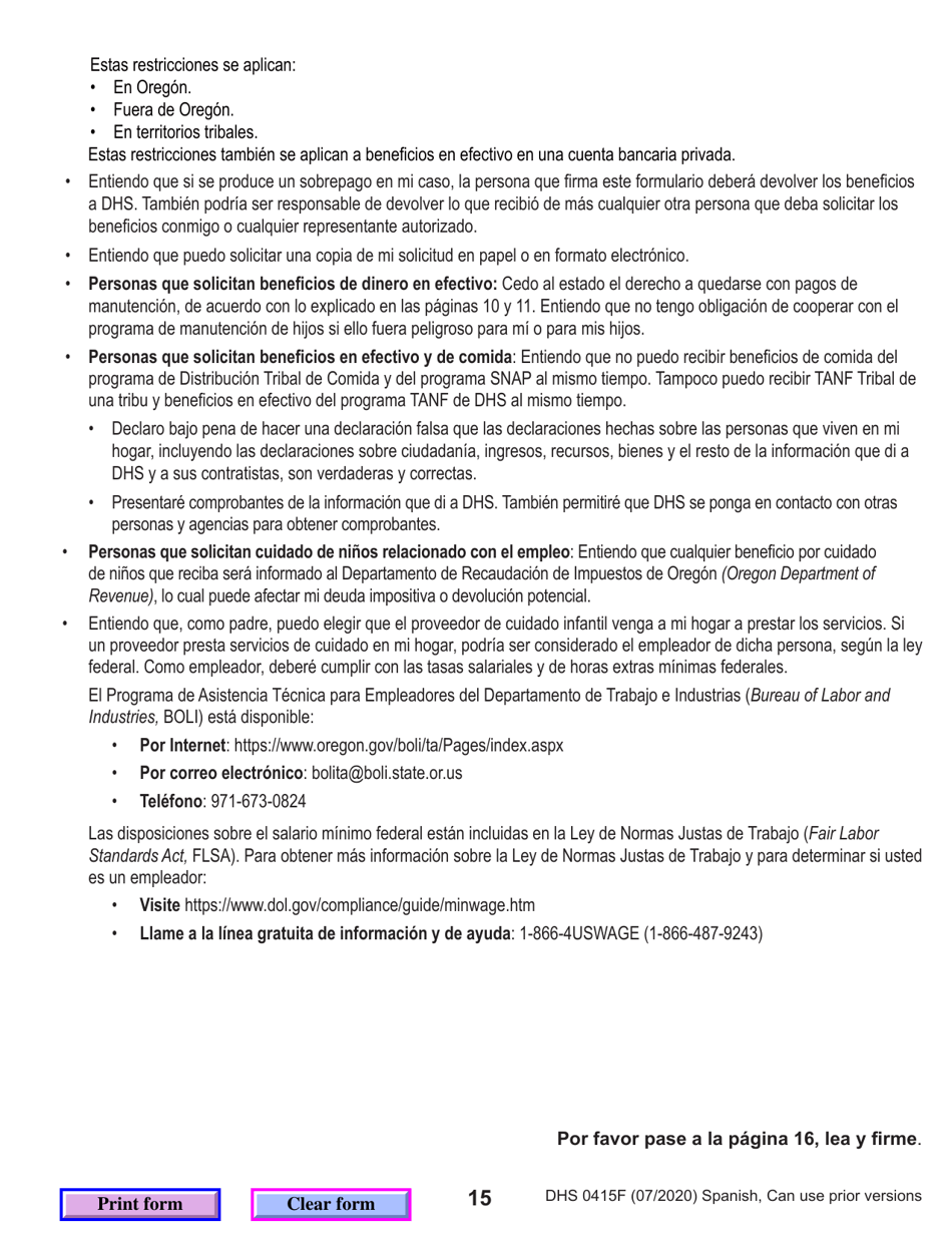 Formulario DHS0415F Solicitud De Servicios - Oregon (Spanish), Page 19