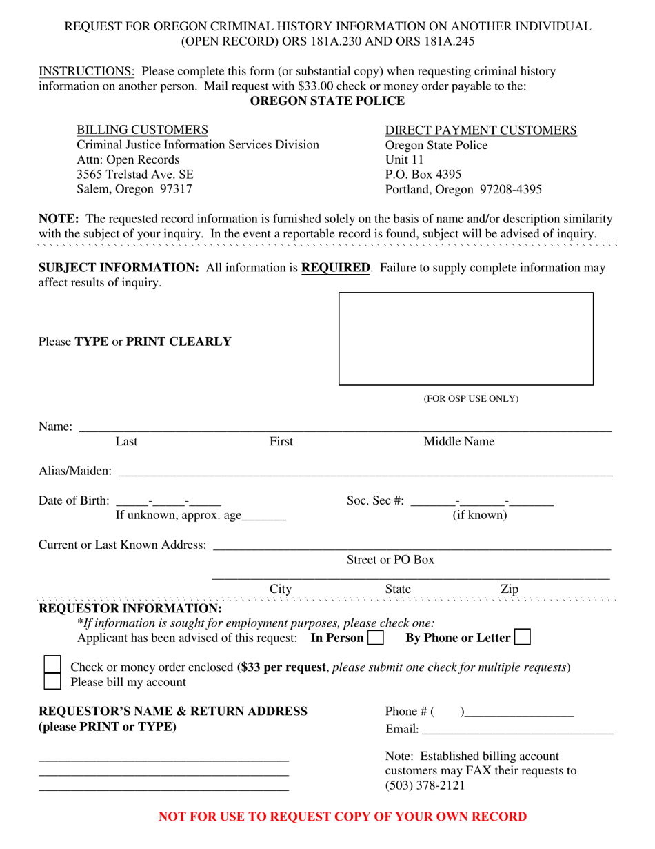 Request for Oregon Criminal History Information on Another Individual (Open Record) Ors 181a.230 and Ors 181a.245 - Oregon, Page 1