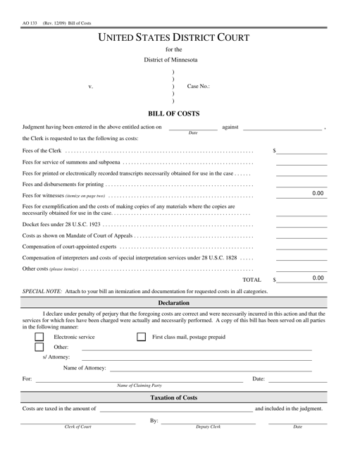 Form AO133 Bill of Costs - Minnesota