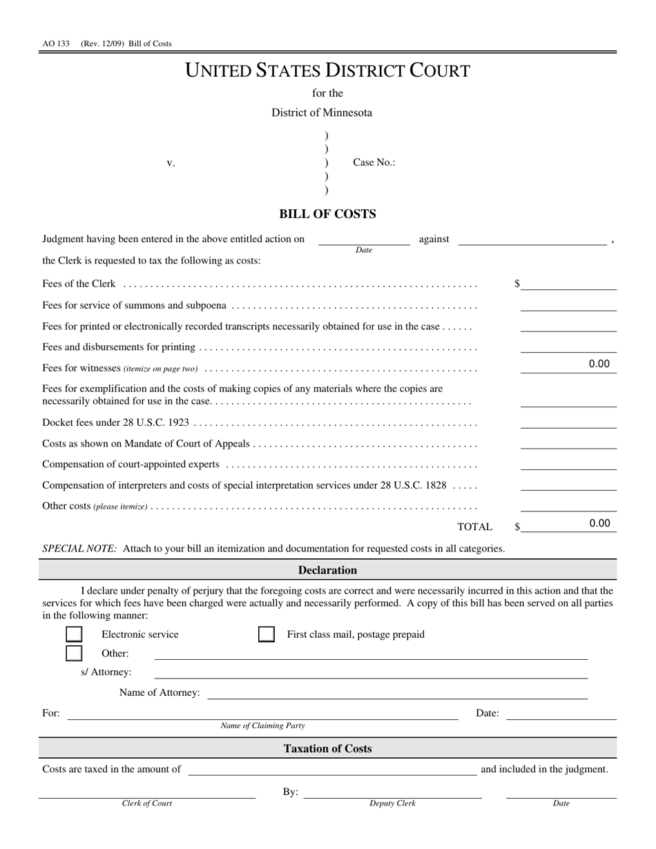 Form AO133 Bill of Costs - Minnesota, Page 1