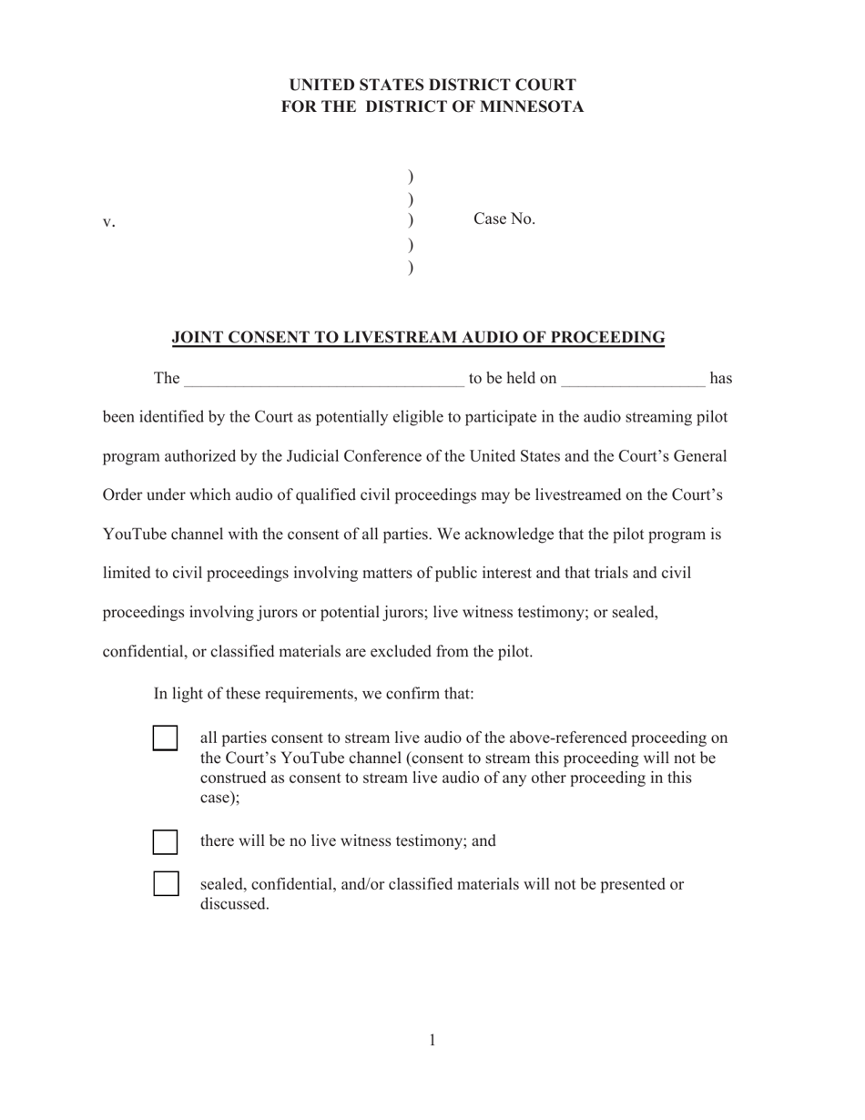 Joint Consent to Livestream Audio of Proceeding - Minnesota, Page 1
