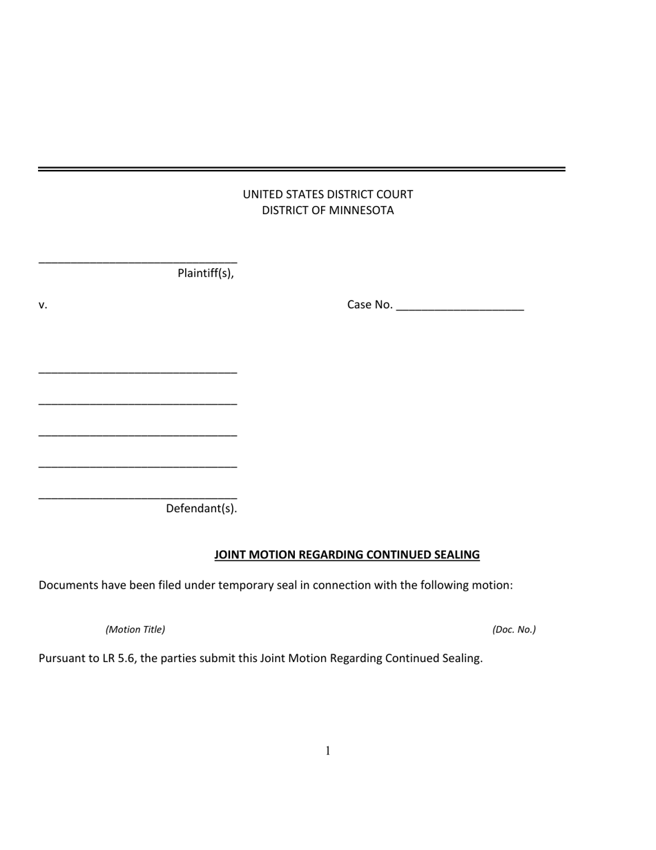 Joint Motion Regarding Continued Sealing - Minnesota, Page 1
