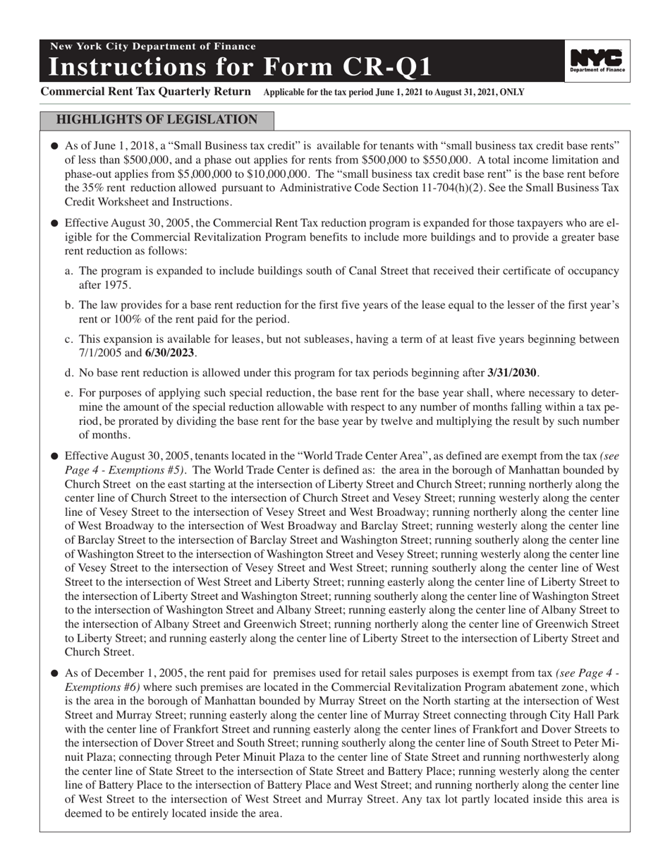 Instructions for Form CR-Q1 Commercial Rent Tax Return - New York City, Page 1