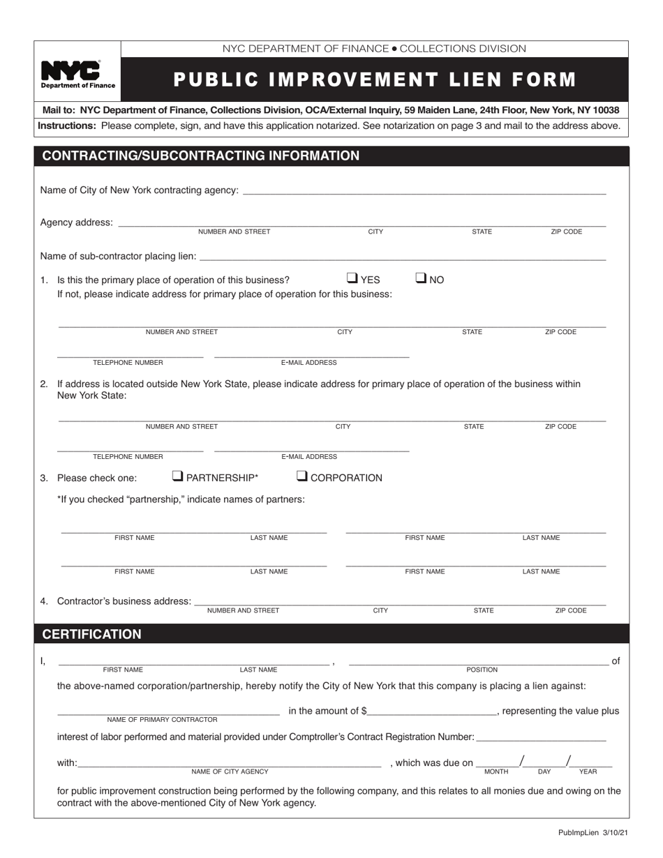 Public Improvement Lien Form - New York City, Page 1