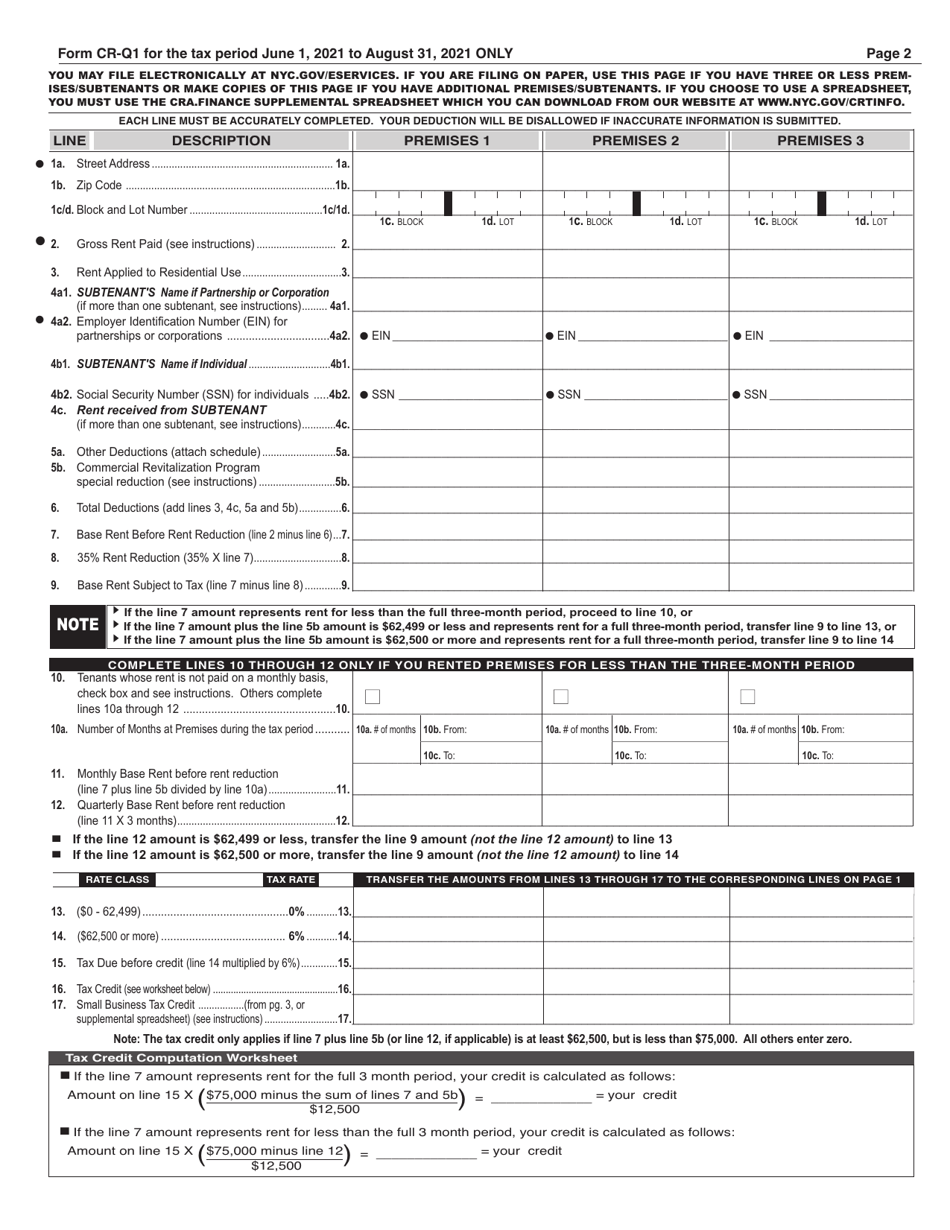 Form CR-Q1 Commercial Rent Tax Return - New York City, Page 2