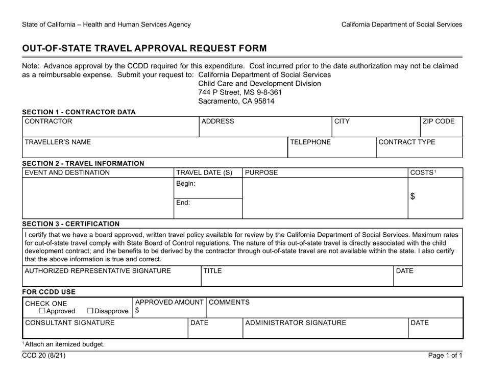 Form CCD20 Out-of-State Travel Approval Request Form - California, Page 1