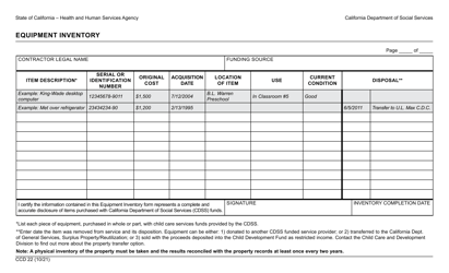 Document preview: Form CCD22 Equipment Inventory - California
