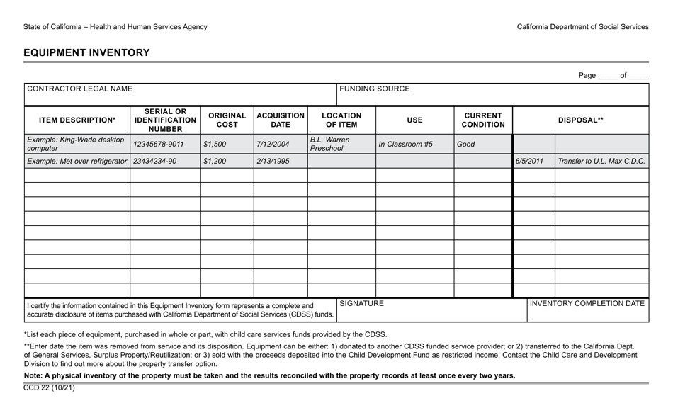 Form CCD22 Equipment Inventory - California, Page 1