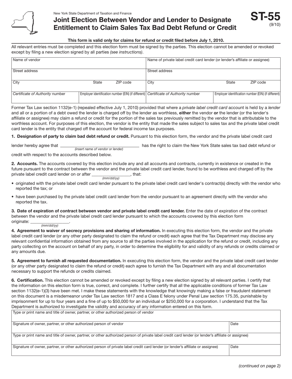 Form ST-55 Joint Election Between Vendor and Lender to Designate Entitlement to Claim Sales Tax Bad Debt Refund or Credit - New York, Page 1