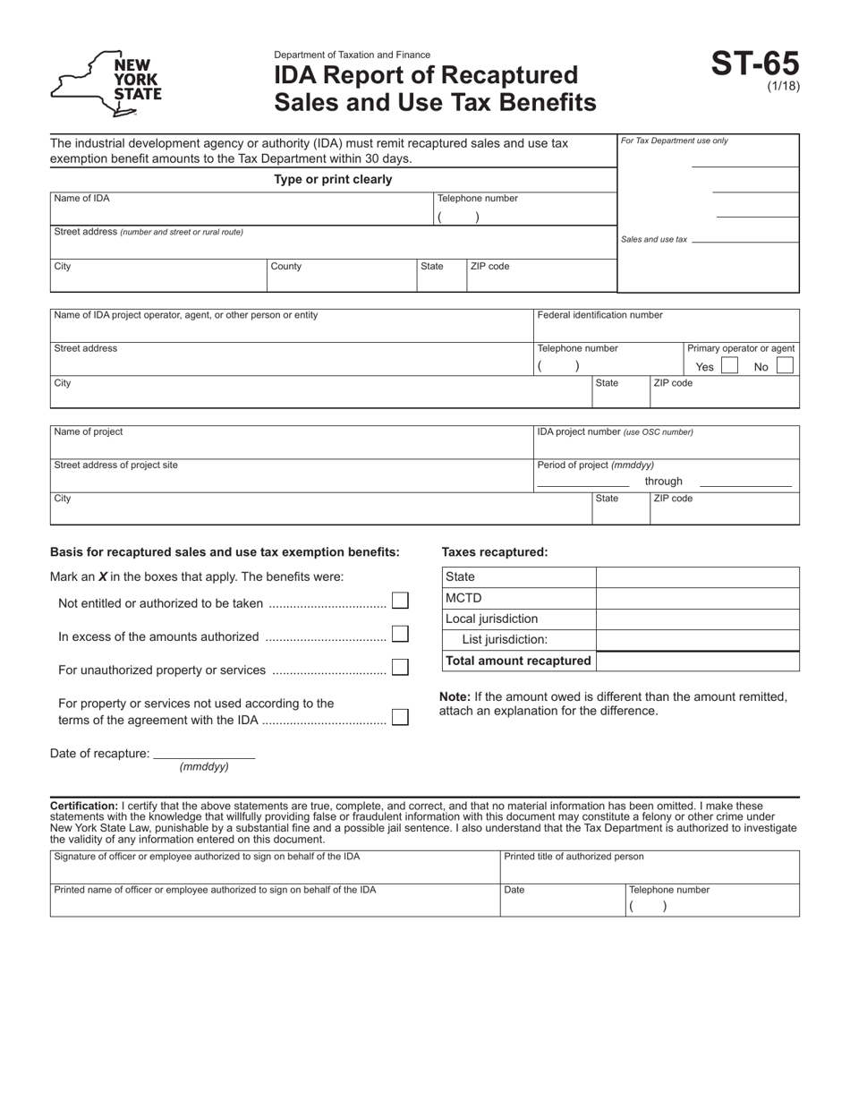 Form ST-65 Ida Report of Recaptured Sales and Use Tax Benefits - New York, Page 1