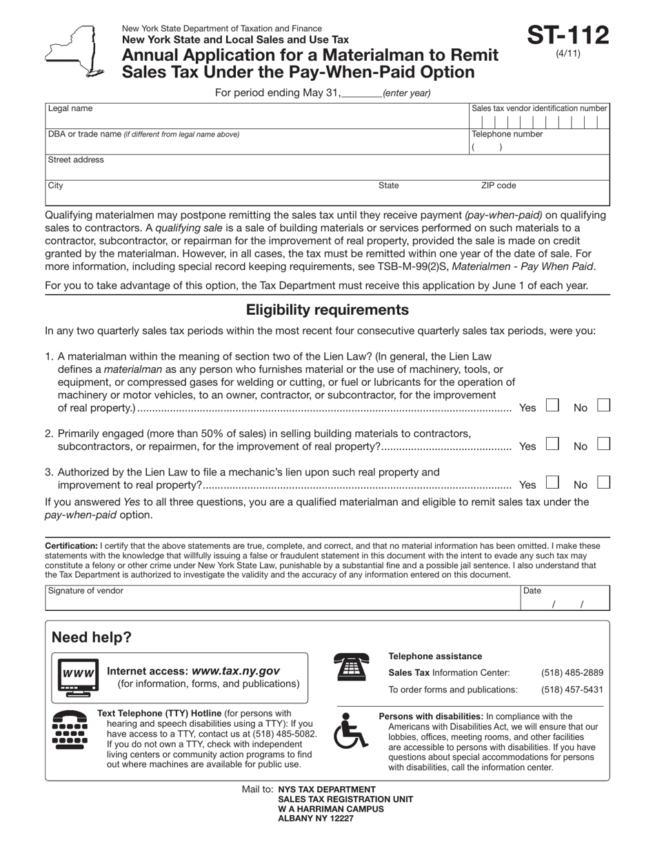 Form ST-112 Annual Application for a Materialman to Remit Sales Tax Under the Pay'when'paid Option - New York, Page 1