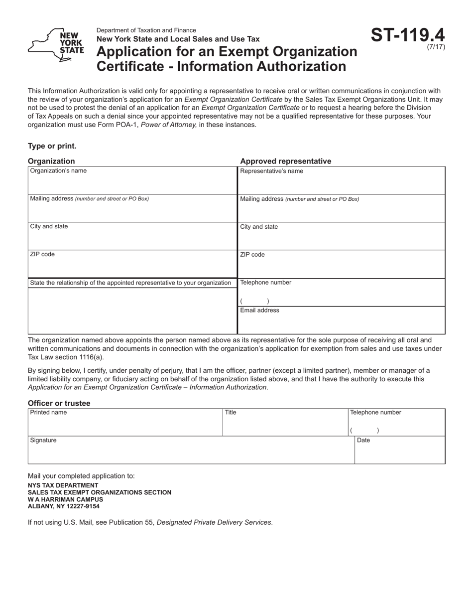 Form ST-119.4 Application for an Exempt Organization Certificate - Information Authorization - New York, Page 1