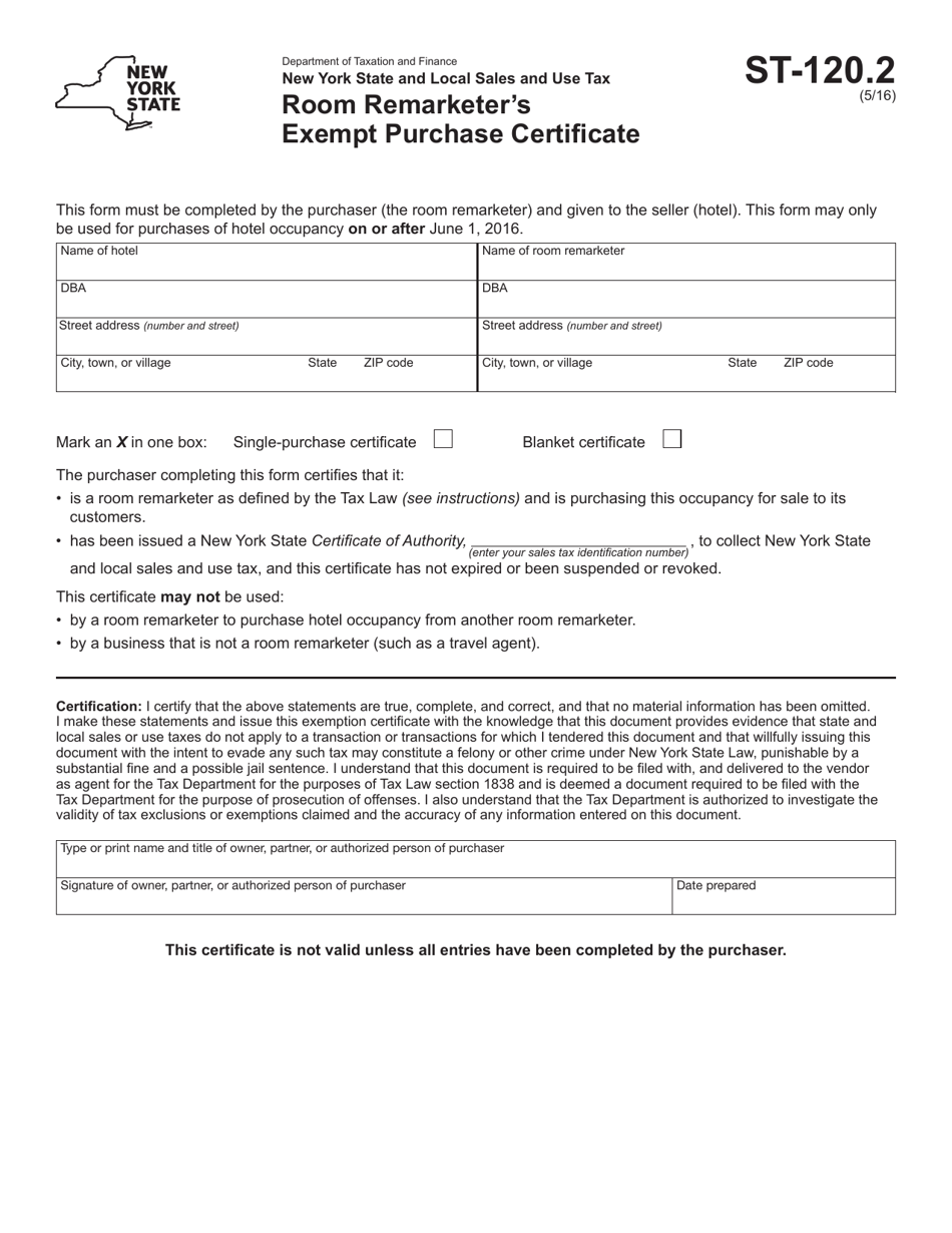Form ST-120.2 Room Remarketers Exempt Purchase Certificate - New York, Page 1