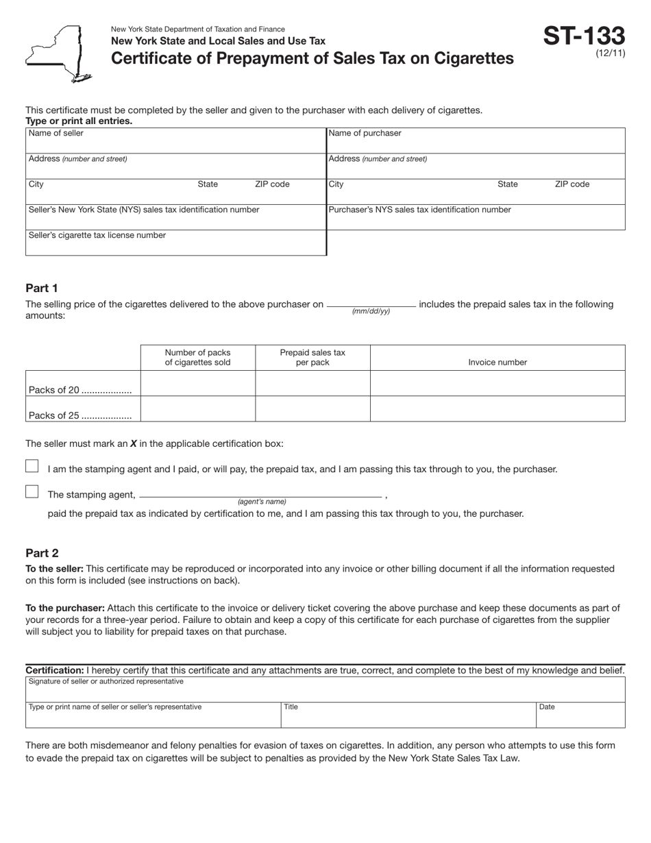 Form ST-133 - Fill Out, Sign Online and Download Printable PDF, New ...