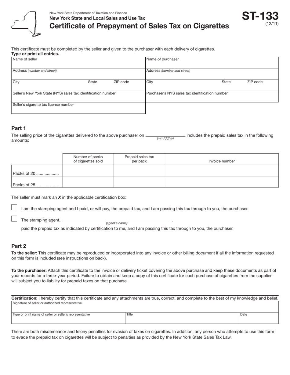 Form ST-133 Certificate of Prepayment of Sales Tax on Cigarettes - New York, Page 1