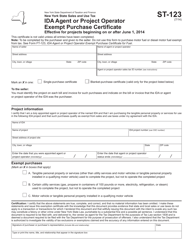 Document preview: Form ST-123 Ida Agent or Project Operator Exempt Purchase Certificate Effective for Projects Beginning on or After June 1, 2014 - New York