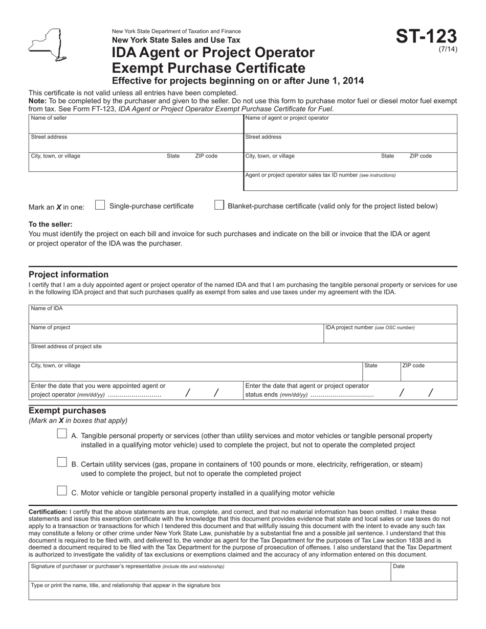 Form ST-123 Ida Agent or Project Operator Exempt Purchase Certificate Effective for Projects Beginning on or After June 1, 2014 - New York, Page 1