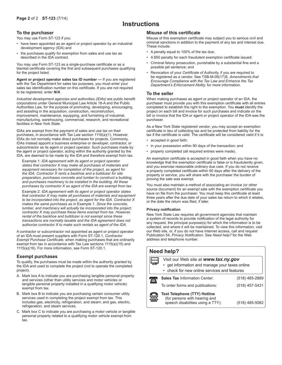 Form ST-123 Ida Agent or Project Operator Exempt Purchase Certificate Effective for Projects Beginning on or After June 1, 2014 - New York, Page 2