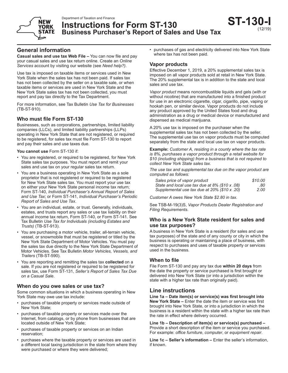 Instructions for Form ST-130 Business Purchasers Report of Sales and Use Tax - New York, Page 1